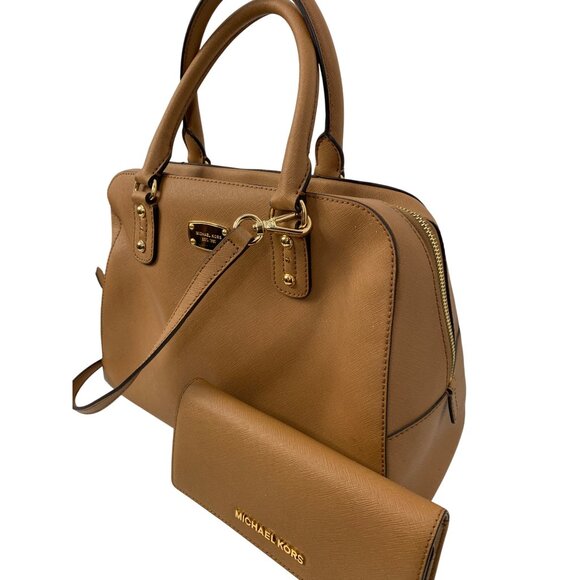 Michael Kors Tan Saffiano Leather Satchel & Wallet Set Gold Hardware 8776 EUC - Picture 7 of 7